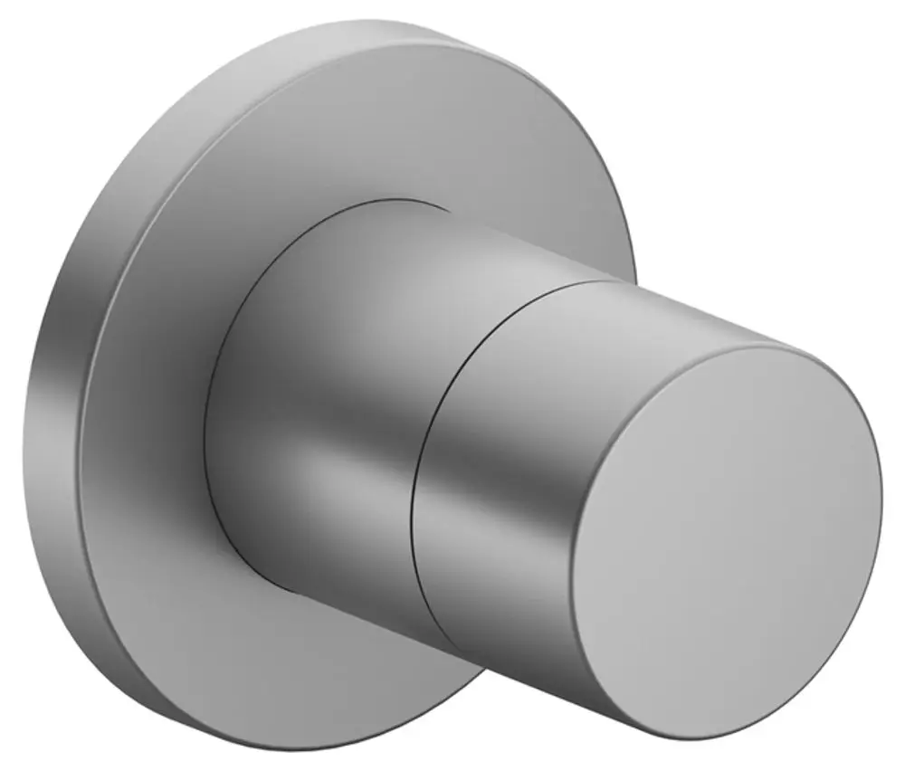 Rundes Absperrventil von Keuco mit Aluminium-Finish, montiert an einer Wand. Das Design ist schlicht und funktional ohne zusätzliche Verzierungen.